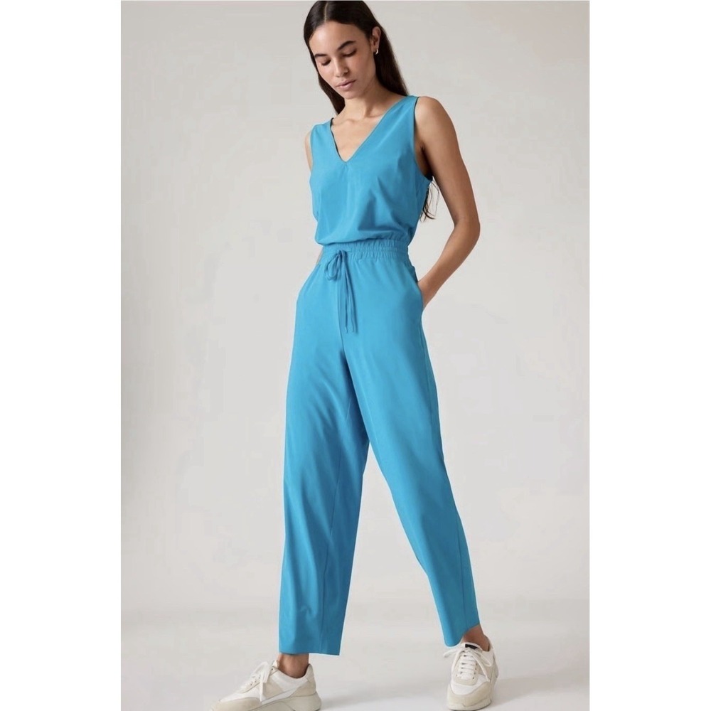 🔥Athleta Avenue 💙Jumpsuit Sz S Pacific Blue Sleeveless V-Neck Drawstring Waist